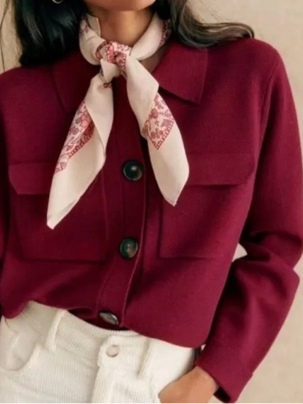 Sezane Betty Garnet Red/Burgundy Button-Front Cardigan XS